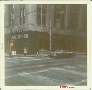 At the corner of "Walk and Don't Walk" (Seventh and Smithfield)  showing WDVE alongside KQV in the Chamber of Commerce Building, Downtown in December 1973. 