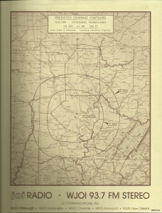 WJOI was owned by "EZ Communications". This map shows the coverage area for the powerful station. Since signing on as WKJF in the 1950s, the transmitter has been located quite literally on the edge of Mt. Washington with 41,000 watts of power. (Click to enlarge photo.)