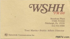A WSHH business card for Public Affairs Director (do they still have those?!) Toni Martin. As an aside, this particular WSHH logo remained on the front door and the upstairs interior entrance to the studio on Crane Ave. until the studios were moved in 1997.