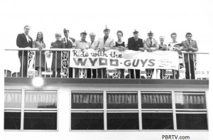 "Ride with the WYDD Guys" promotion on the Gateway Clipper. In the picture from the left are: 4th from left: Ed Sullivan with WKPA and WYDD; 5th from left: Bill Martin, news; 7th from left: Phil Brooks, "Studio B"; 8th from left: Misty, "The Lounge" 9th from left: Bob Kristof, "Centerpiece" and "Tempo" 10th from left: Gil Barrington (the Brit) "Act 1" morning show host; 13th from left: Tony Mowod, "The Nite Side of WYDD"