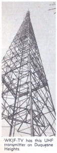 The WKJF-TV (Channel 53) transmitter tower still sits on its perch at 1715 Grandview Avenue. The building is now property of CBS Radio Pittsburgh who uses it as storage and transmitter site for 93.7 KDKA-FM. 93.7 was WKJF-FM and operates with a grandfathered 41,000 ERP. (Click for larger picture.)